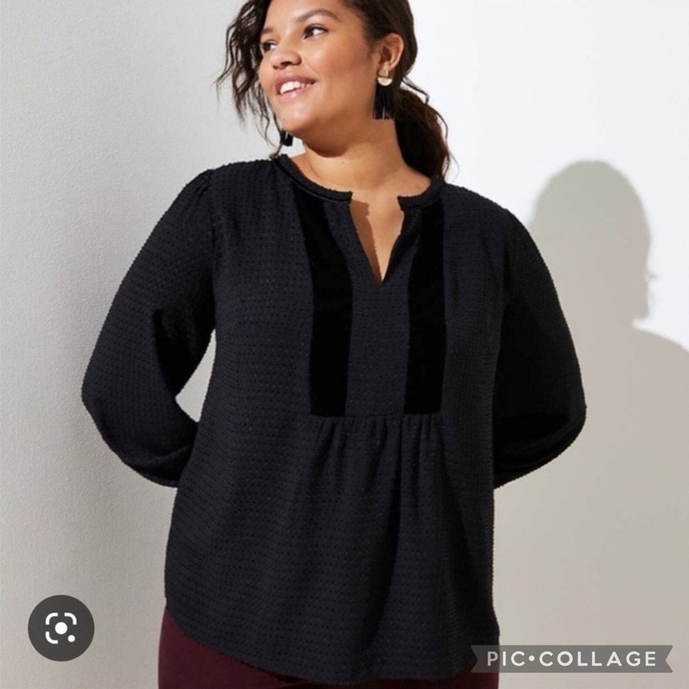 LOFT Petites Swiss Dot Velvet Trim‎ Black Long Sleeve Blouse Size SP